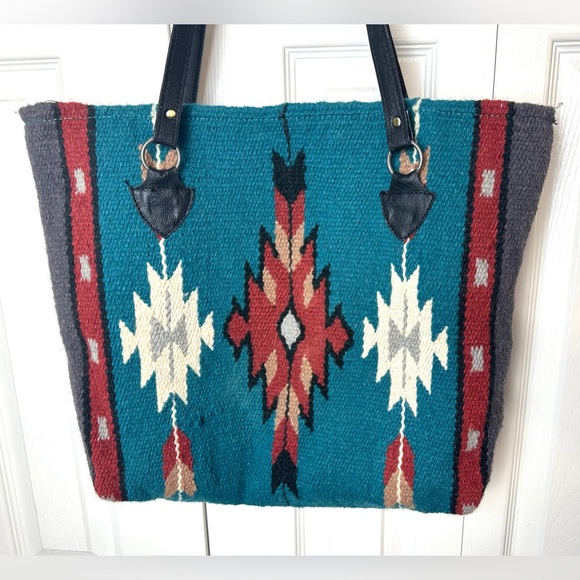 SOUTHWESTERN Saddle Blanket Bag Tote Purse Wool Aztec Tribal Turquoise Red Wool - Picture 1 of 12